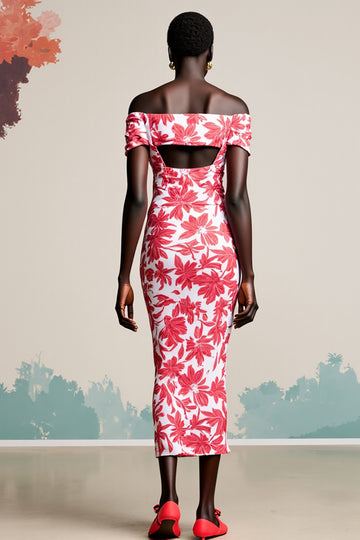 Red Floral Off The Shoulder Bodycon Wedding Guest Dress With Slit